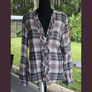 Button Front Plaid Ruffle Shirt LINDEX size L